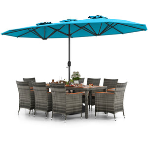 10 Pieces Patio Wicker Dining Set with 15 Feet Double-Sided Patio Umbrella-Turquoise by DirectDeals