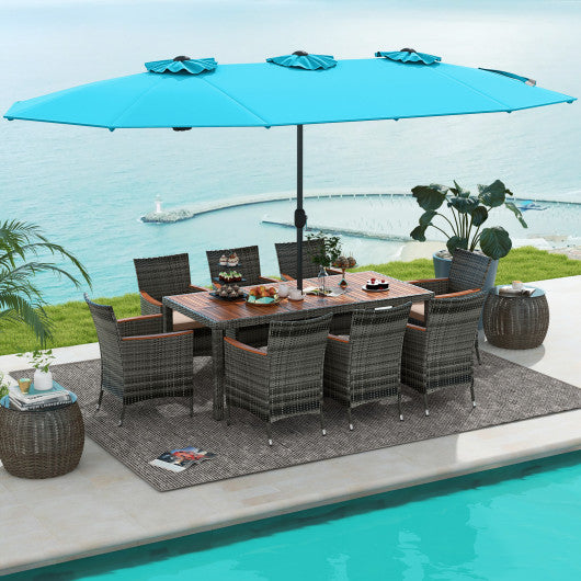 10 Pieces Patio Wicker Dining Set with 15 Feet Double-Sided Patio Umbrella-Turquoise