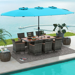 10 Pieces Patio Wicker Dining Set with 15 Feet Double-Sided Patio Umbrella-Turquoise