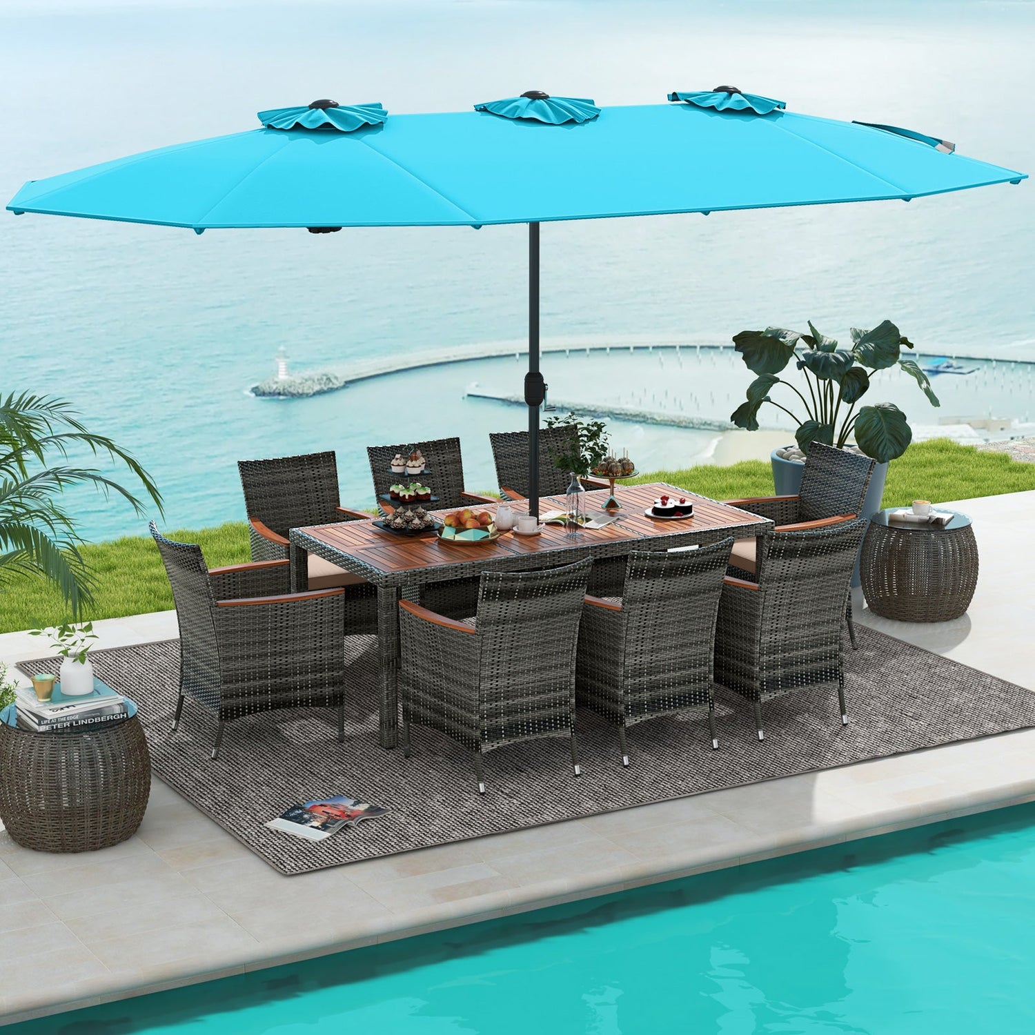 10 Pieces Patio Wicker Dining Set with 15 Feet Double-Sided Patio Umbrella-Turquoise by DirectDeals