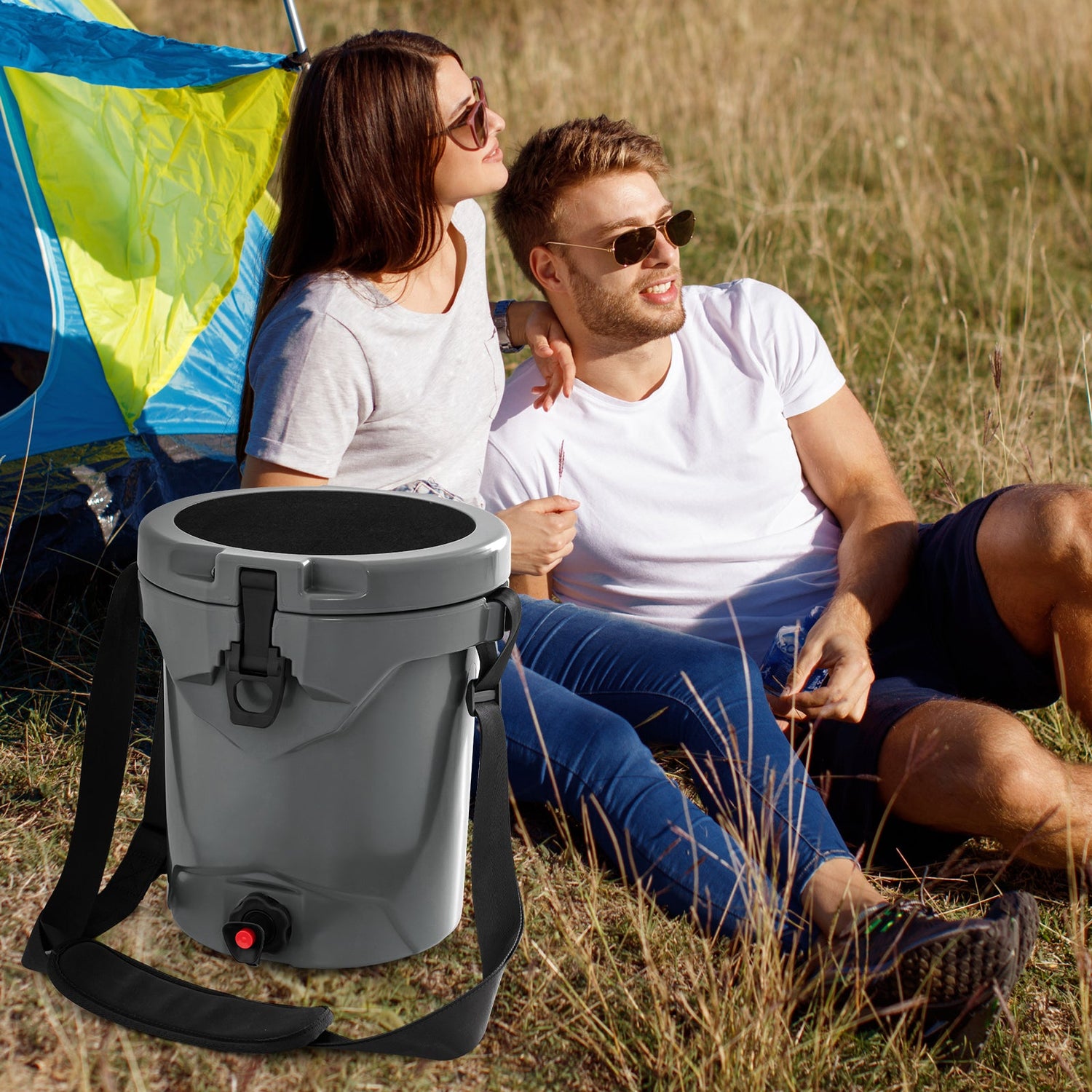 10 QT Drink Cooler Insulated Ice Chest with Spigot Flat Seat Lid and Adjustable Strap-Gray by DirectDeals