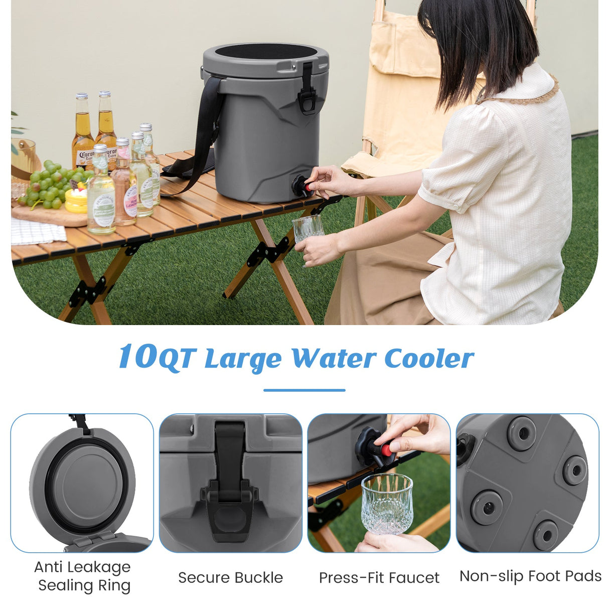 10 QT Drink Cooler Insulated Ice Chest with Spigot Flat Seat Lid and Adjustable Strap-Gray by DirectDeals