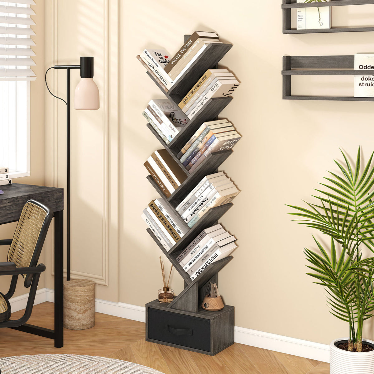 10-Tier Bookshelf with Drawer Free-standing Storage Bookcase-Gray & Black