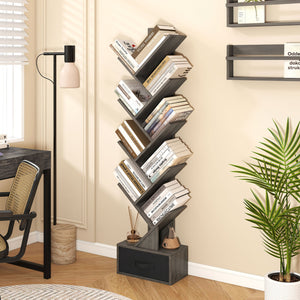 10-Tier Bookshelf with Drawer Free-standing Storage Bookcase-Gray & Black