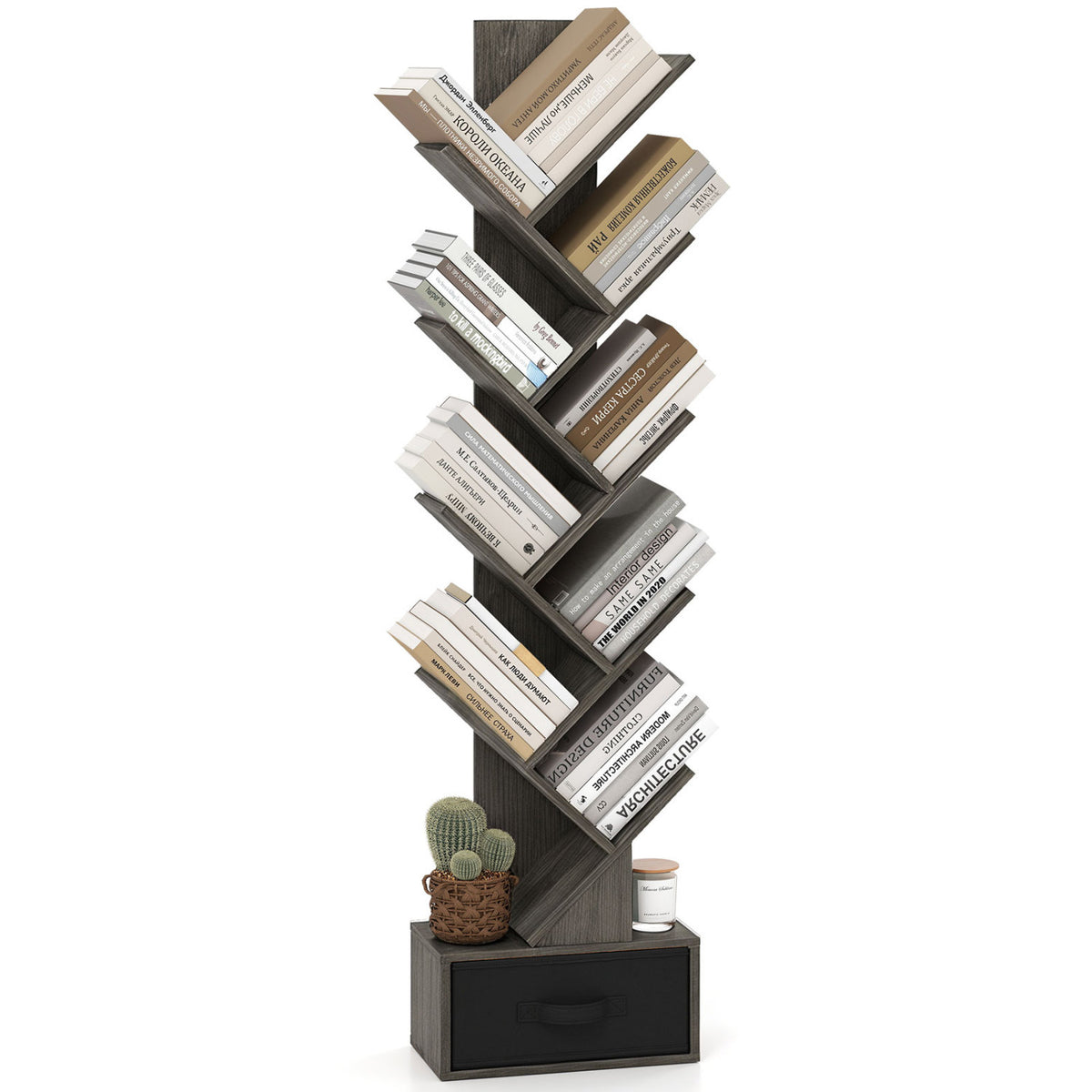 10-Tier Bookshelf with Drawer Free-standing Storage Bookcase-Gray & Black