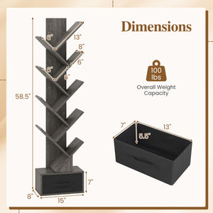 10-Tier Bookshelf with Drawer Free-standing Storage Bookcase-Gray & Black
