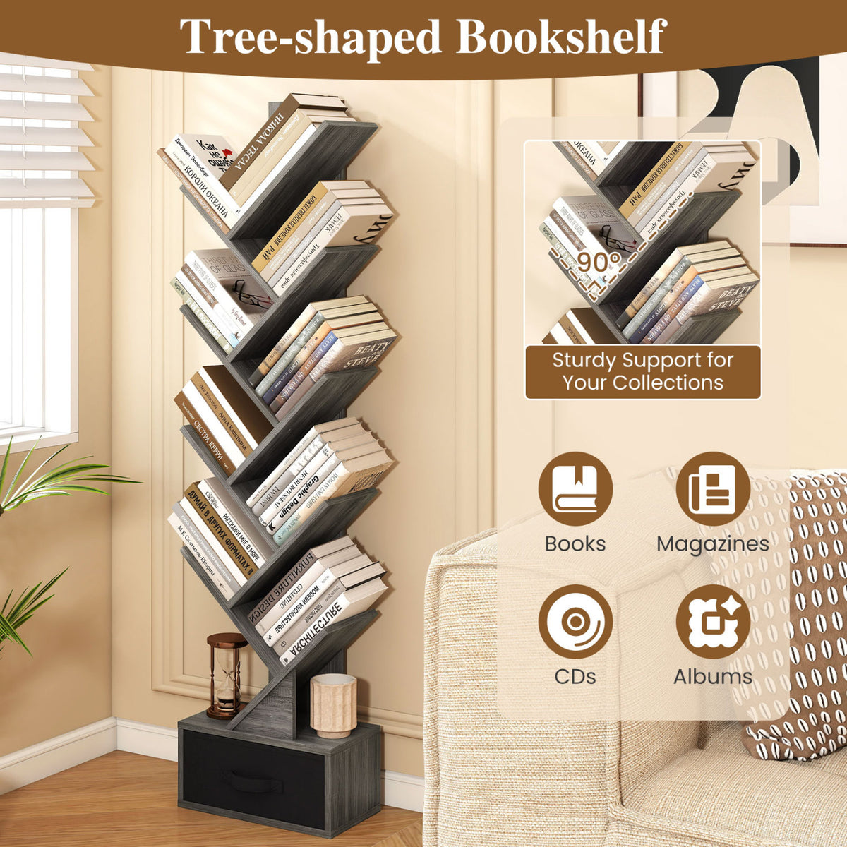 10-Tier Bookshelf with Drawer Free-standing Storage Bookcase-Gray & Black