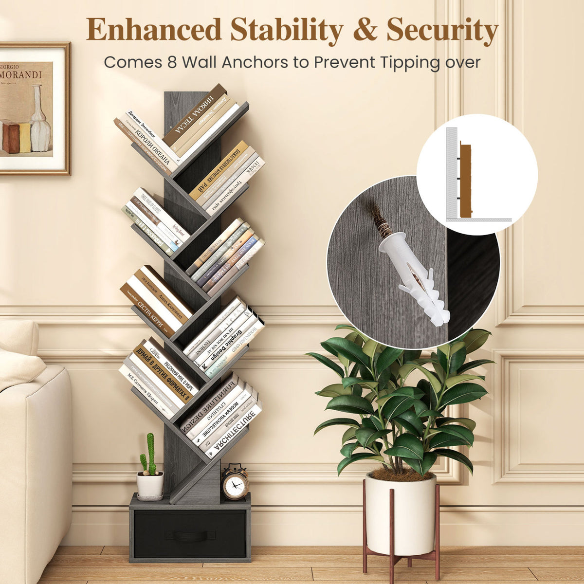 10-Tier Bookshelf with Drawer Free-standing Storage Bookcase-Gray & Black