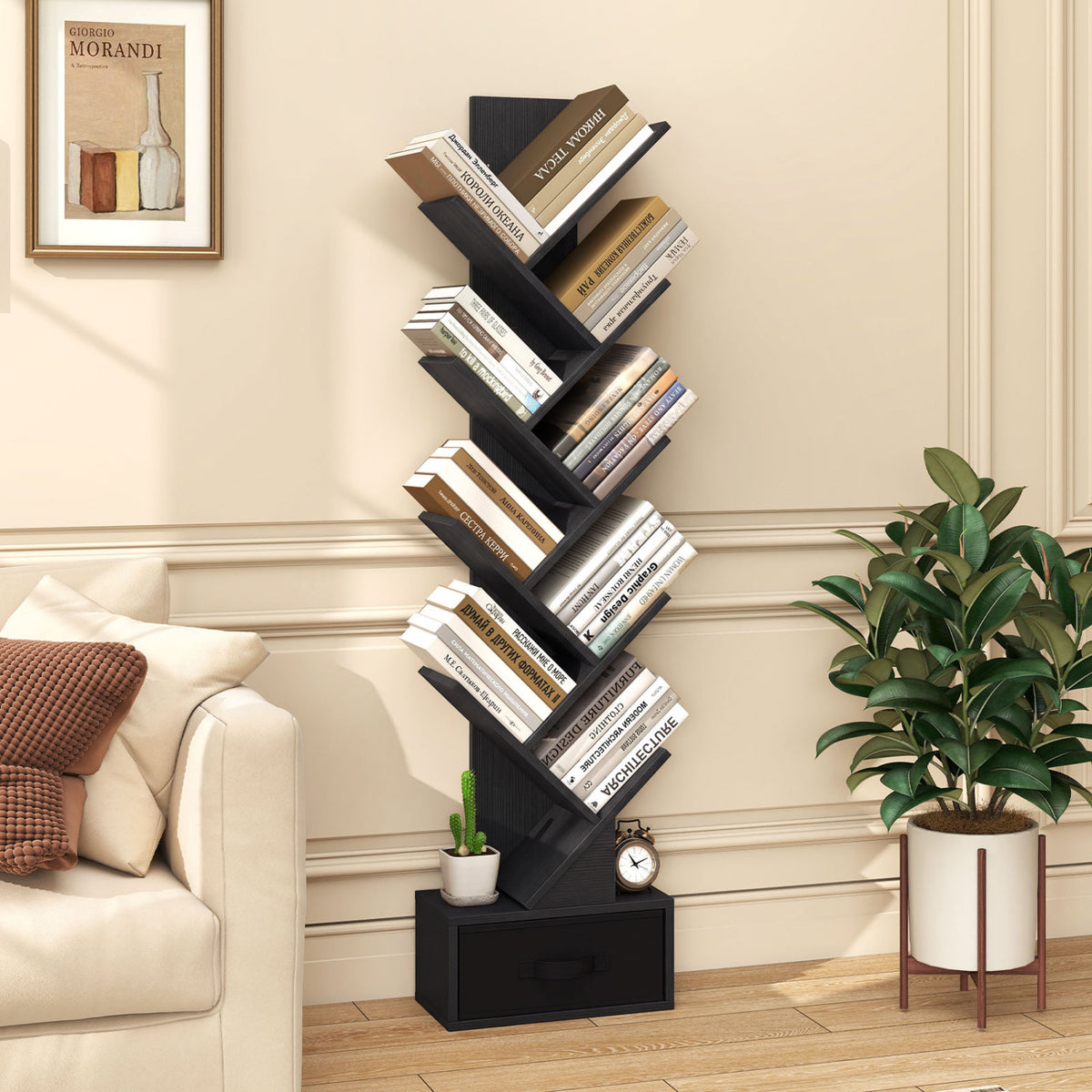 10-Tier Bookshelf with Drawer Free-standing Storage Bookcase-Black