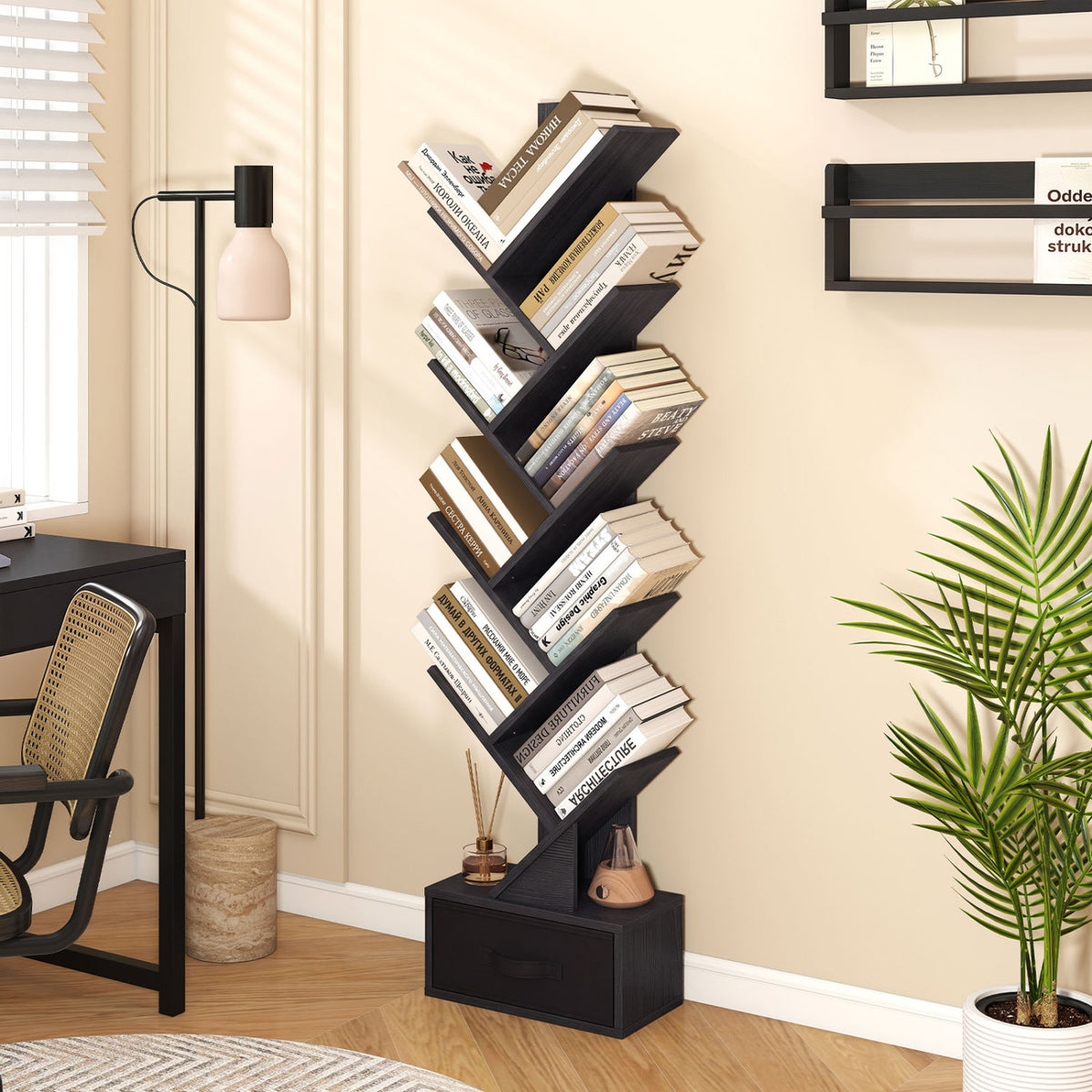 10-Tier Bookshelf with Drawer Free-standing Storage Bookcase-Black