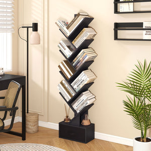 10-Tier Bookshelf with Drawer Free-standing Storage Bookcase-Black