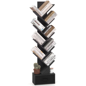 10-Tier Bookshelf with Drawer Free-standing Storage Bookcase-Black