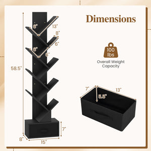 10-Tier Bookshelf with Drawer Free-standing Storage Bookcase-Black