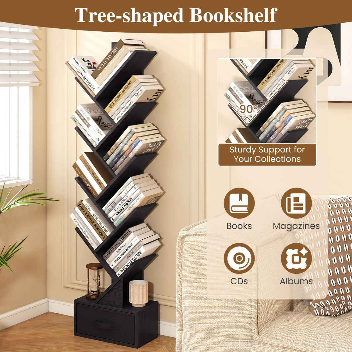 10-Tier Bookshelf with Drawer Free-standing Storage Bookcase-Black