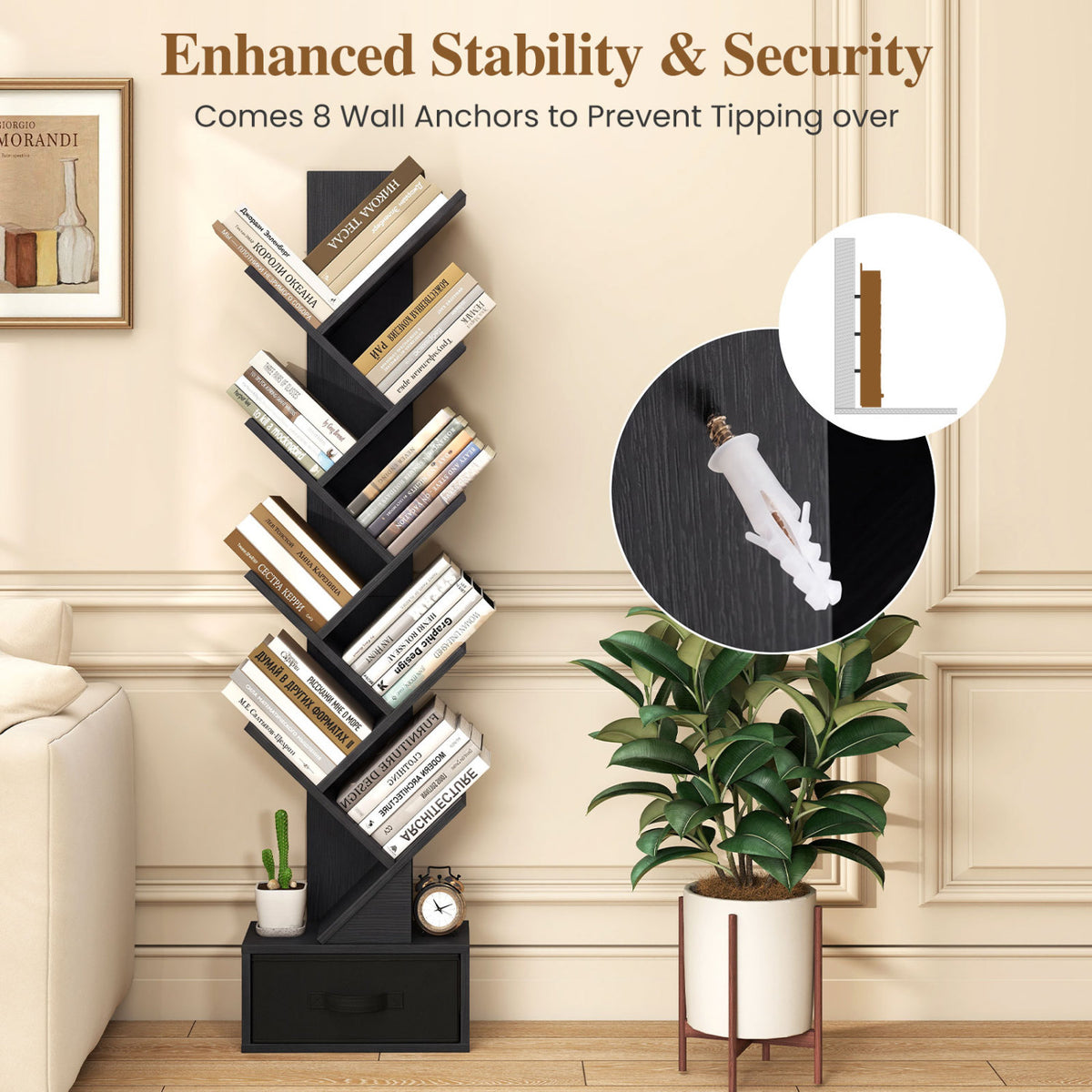 10-Tier Bookshelf with Drawer Free-standing Storage Bookcase-Black