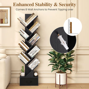 10-Tier Bookshelf with Drawer Free-standing Storage Bookcase-Black