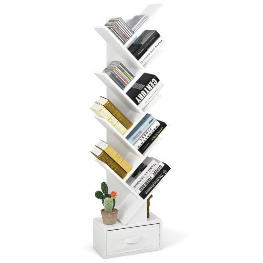 10-Tier Bookshelf with Drawer Free-standing Storage Bookcase-White