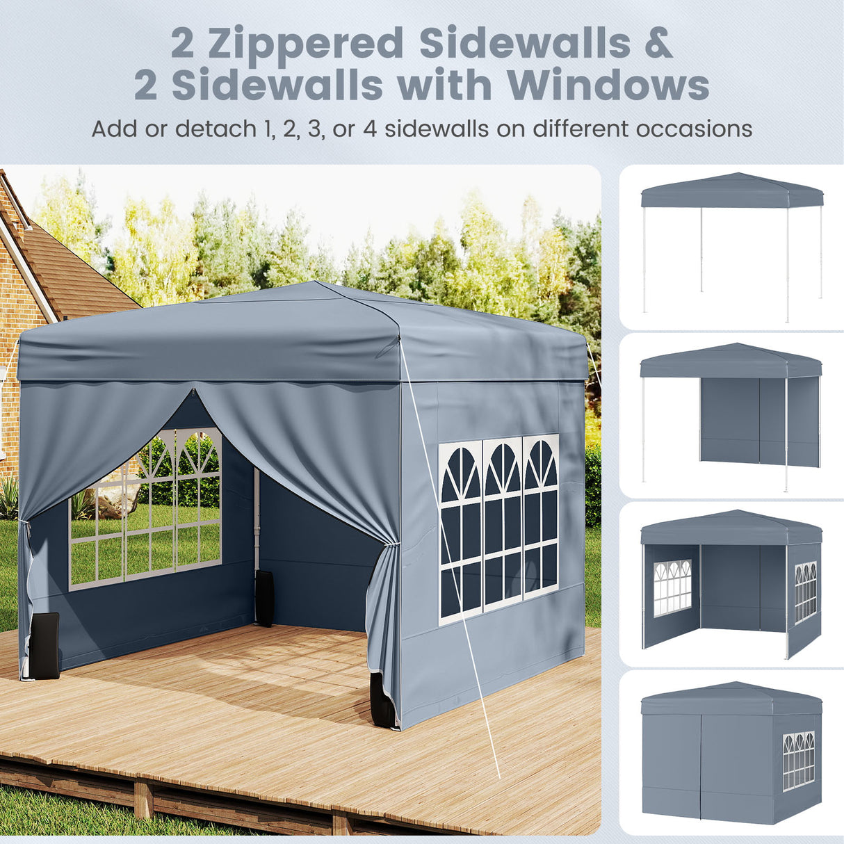 10 X 10 FT Pop up Canopy Tent Outdoor Patio Commercial Sunshade Shelter with 4 Sidewalls-Gray