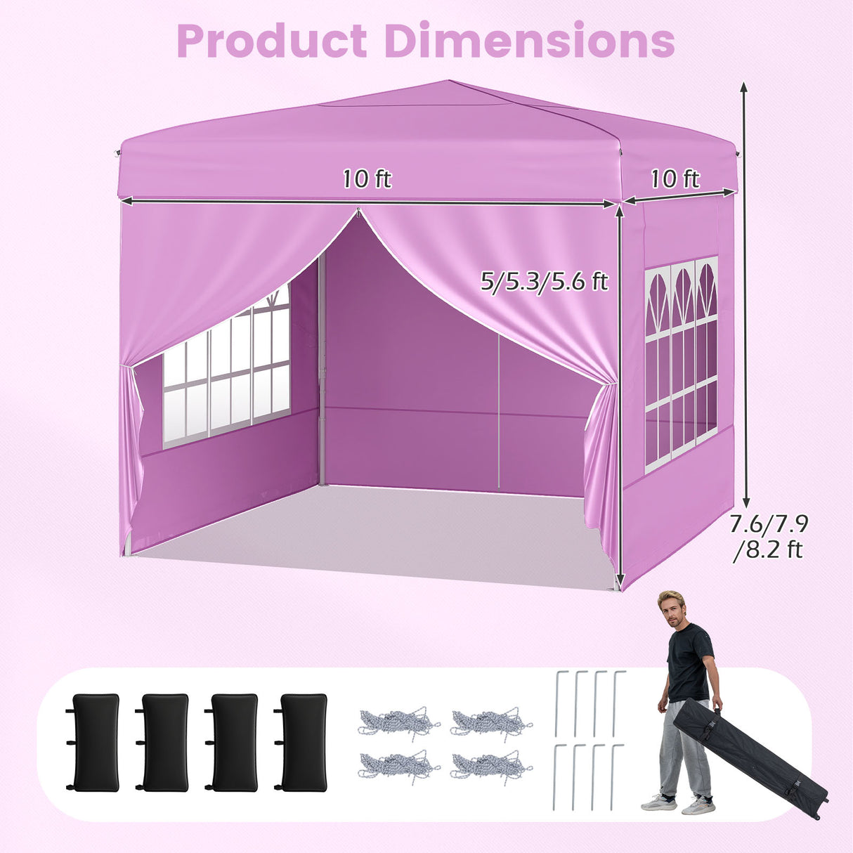 10 X 10 FT Pop up Canopy Tent Outdoor Patio Commercial Sunshade Shelter with 4 Sidewalls-Pink