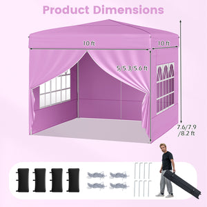 10 X 10 FT Pop up Canopy Tent Outdoor Patio Commercial Sunshade Shelter with 4 Sidewalls-Pink