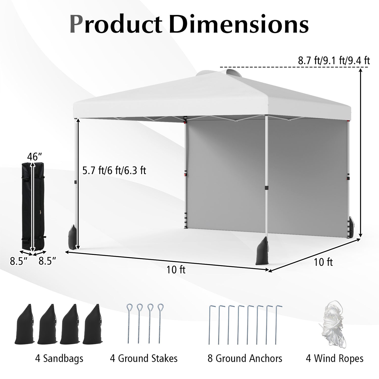10 X 10 FT Pop up Canopy Tent with 1 Sidewall and Wheeled Bag-White