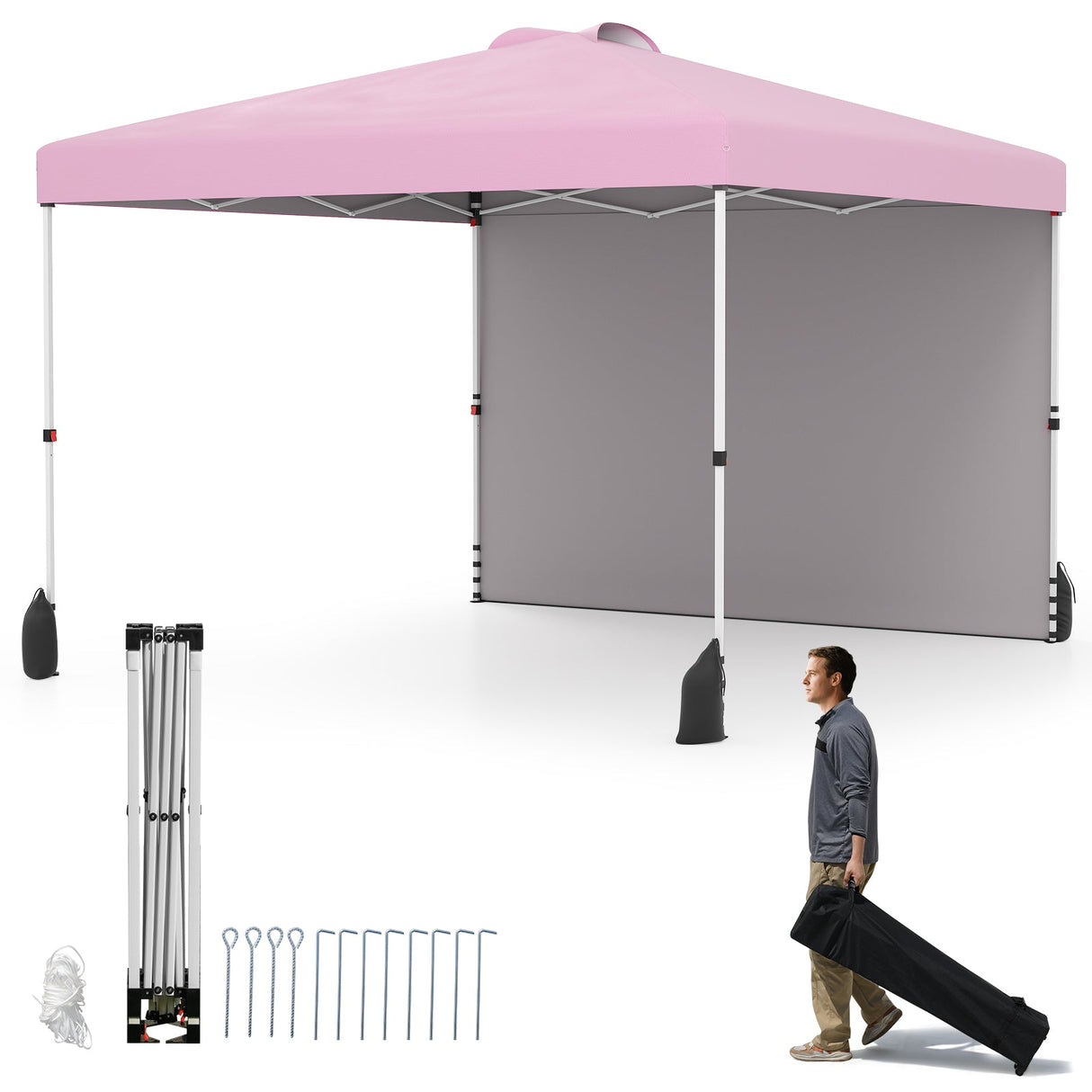 10 X 10 FT Pop up Canopy Tent with 1 Sidewall and Wheeled Bag-Pink by DirectDeals