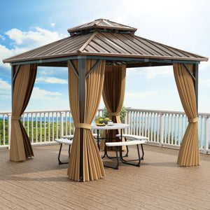 10 X 10 Feet Hardtop Gazebo with Netting and Curtain for Patio Backyard-Coffee
