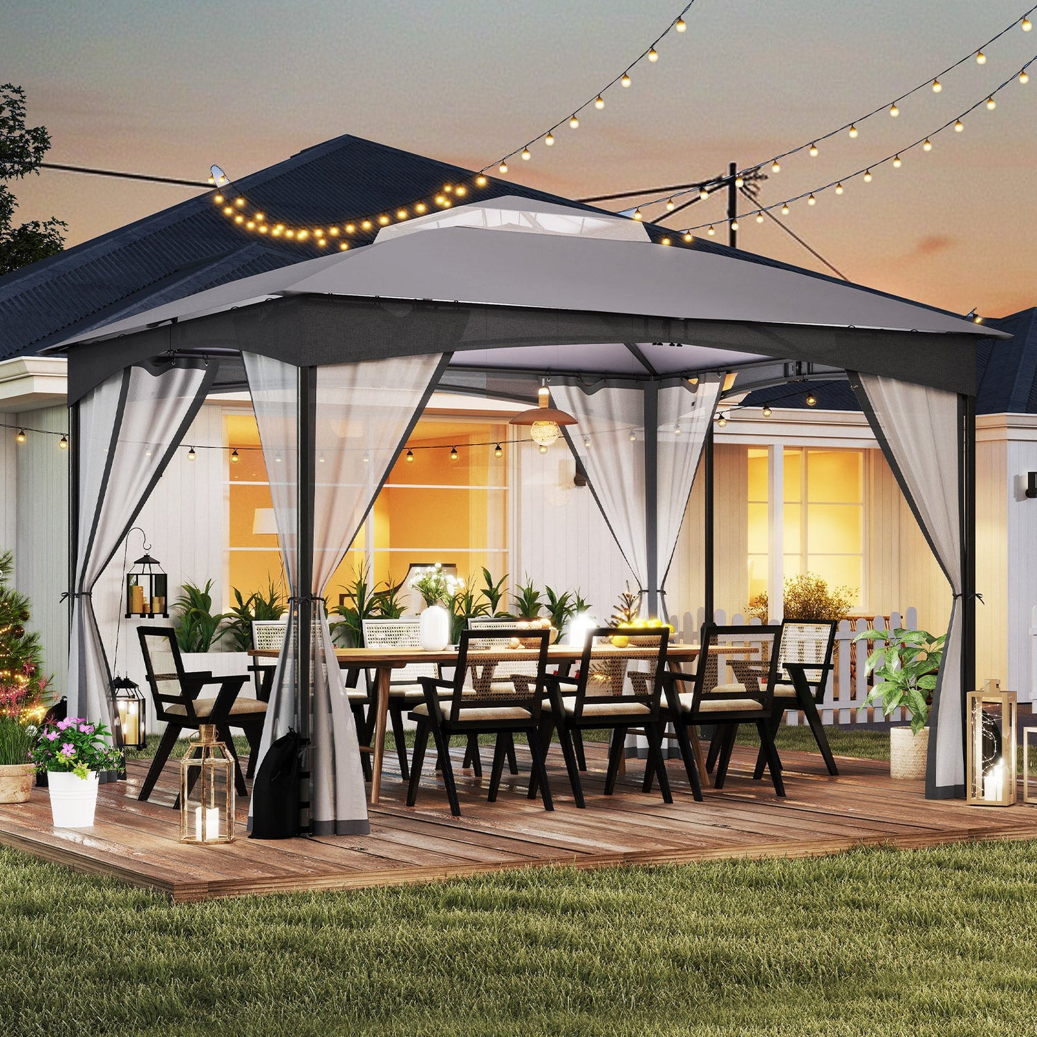 10 X 12 FT Patio Gazebo with Netting Walls with 4 Sandbags-Gray by DirectDeals