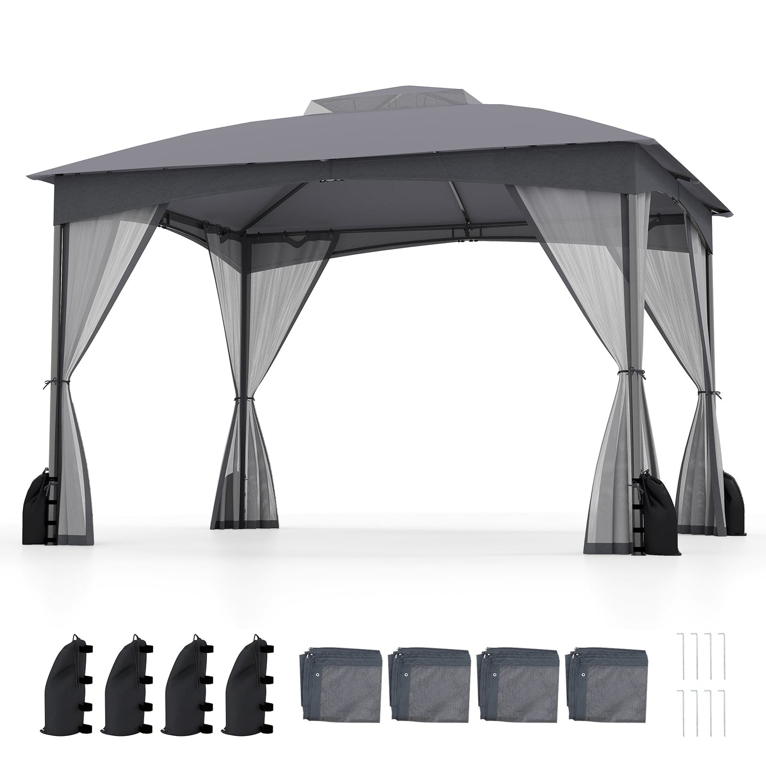 10 X 12 FT Patio Gazebo with Netting Walls with 4 Sandbags-Gray by DirectDeals