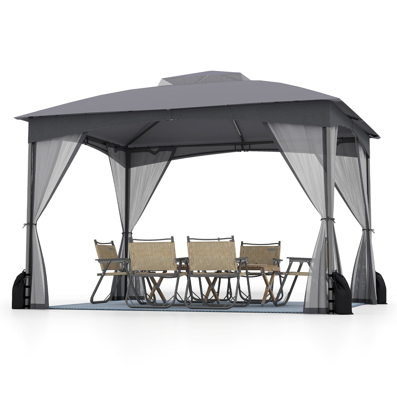 10 X 12 FT Patio Gazebo with Netting Walls with 4 Sandbags-Gray by DirectDeals