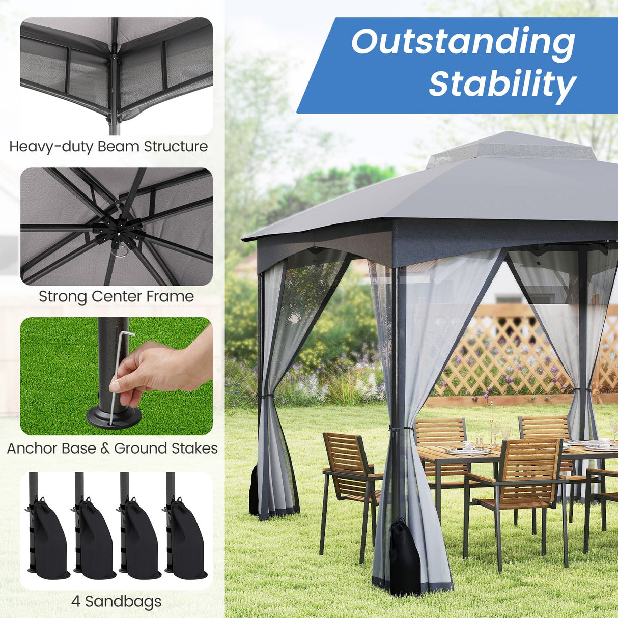10 X 12 FT Patio Gazebo with Netting Walls with 4 Sandbags-Gray by DirectDeals