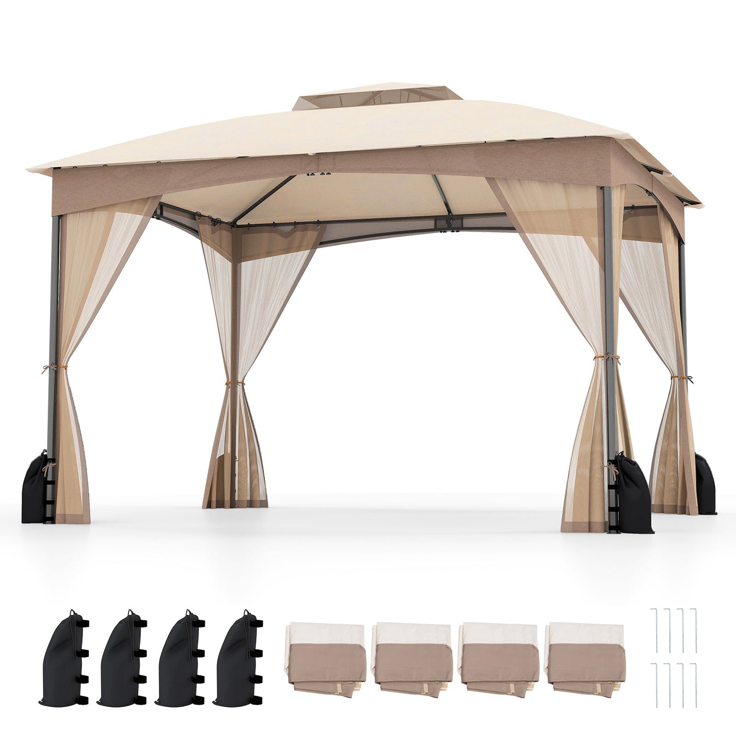 10 X 12 FT Patio Gazebo with Netting Walls with 4 Sandbags-Khaki by DirectDeals