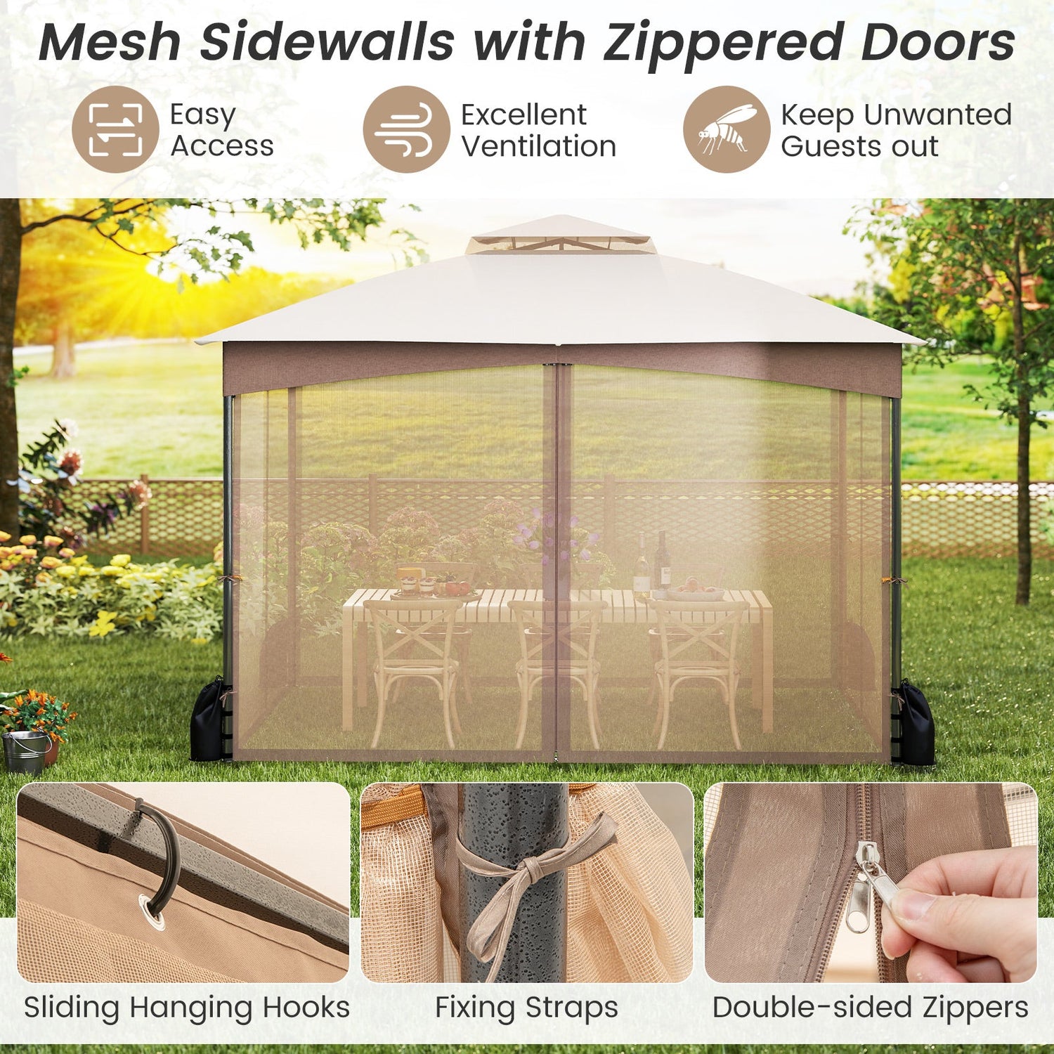 10 X 12 FT Patio Gazebo with Netting Walls with 4 Sandbags-Khaki by DirectDeals