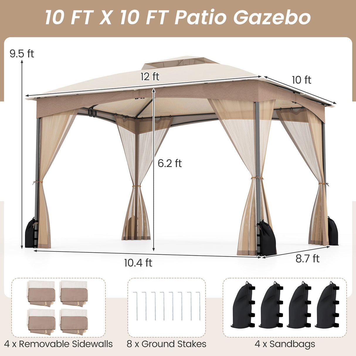 10 X 12 FT Patio Gazebo with Netting Walls with 4 Sandbags-Khaki by DirectDeals