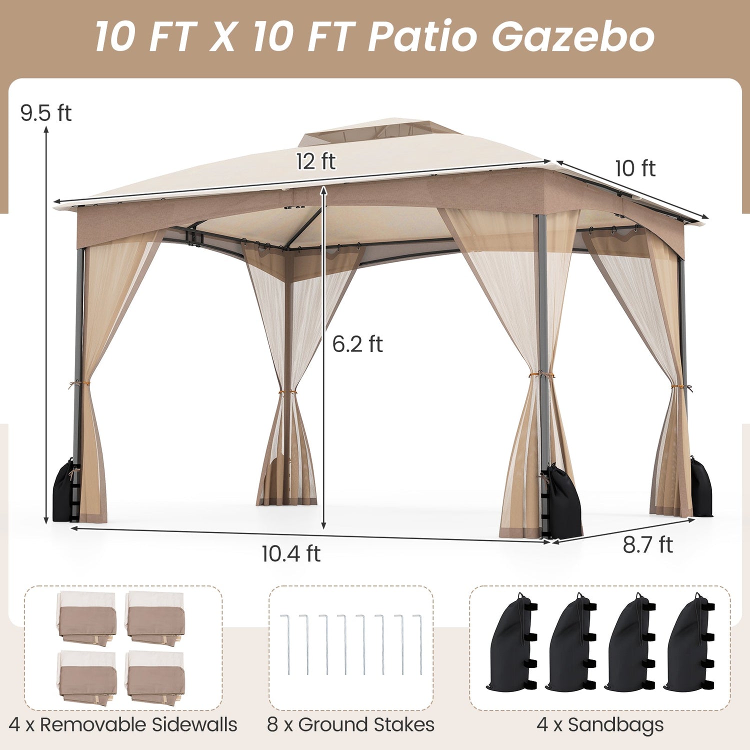 10 X 12 FT Patio Gazebo with Netting Walls with 4 Sandbags-Khaki by DirectDeals
