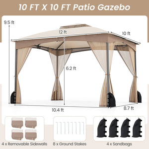 10 X 12 FT Patio Gazebo with Netting Walls with 4 Sandbags-Khaki by DirectDeals