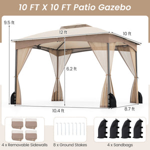 10 X 12 FT Patio Gazebo with Netting Walls with 4 Sandbags-Khaki