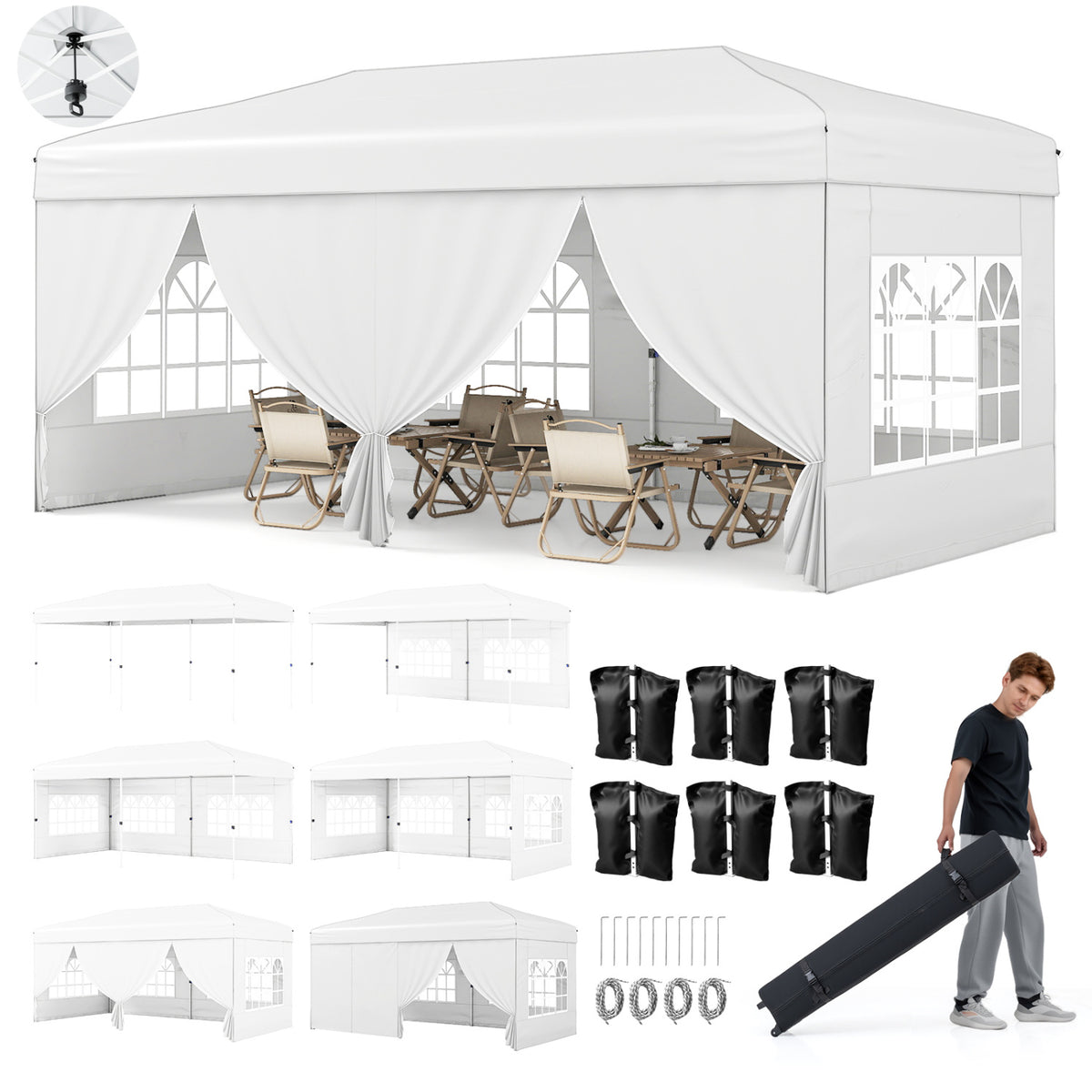 10 X 20 Feet Pop up Canopy Tent Instant Setup with 6 Sidewalls-White