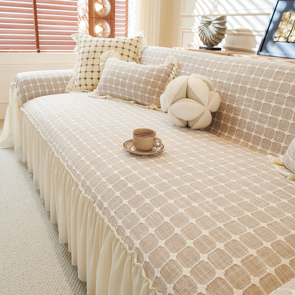 Grid Textured Sofa Cover with Sheer Ruffle Skirt, Pet-Friendly Sofa Throw Slipcover