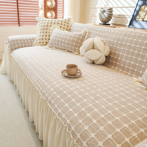 Grid Textured Sofa Cover with Sheer Ruffle Skirt, Pet-Friendly Sofa Throw Slipcover