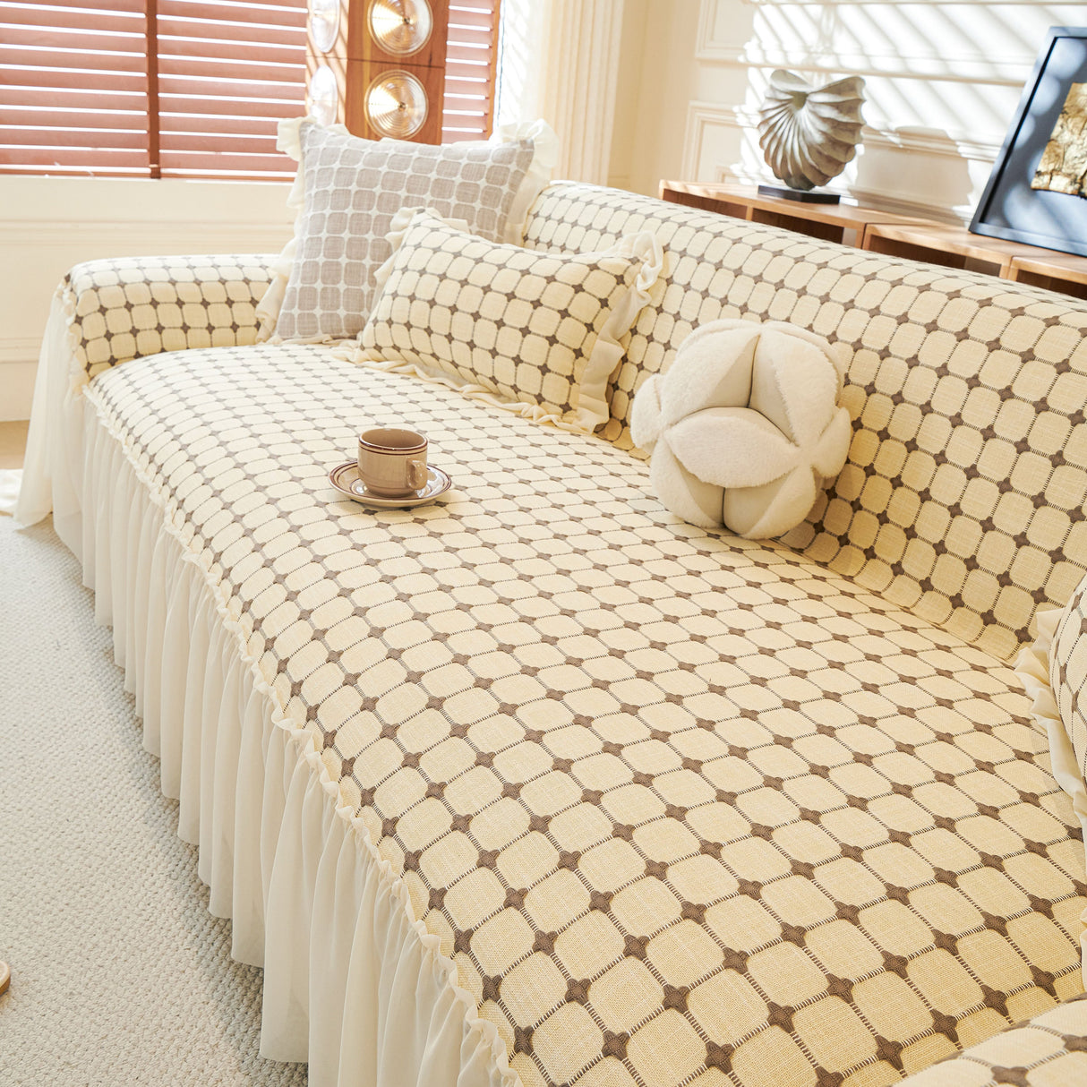 Grid Textured Sofa Cover with Sheer Ruffle Skirt, Pet-Friendly Sofa Throw Slipcover