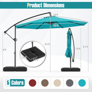 10 Feet Offset Hanging Umbrella with Base Patio Cantilever Umbrella with Tilt-Turquoise