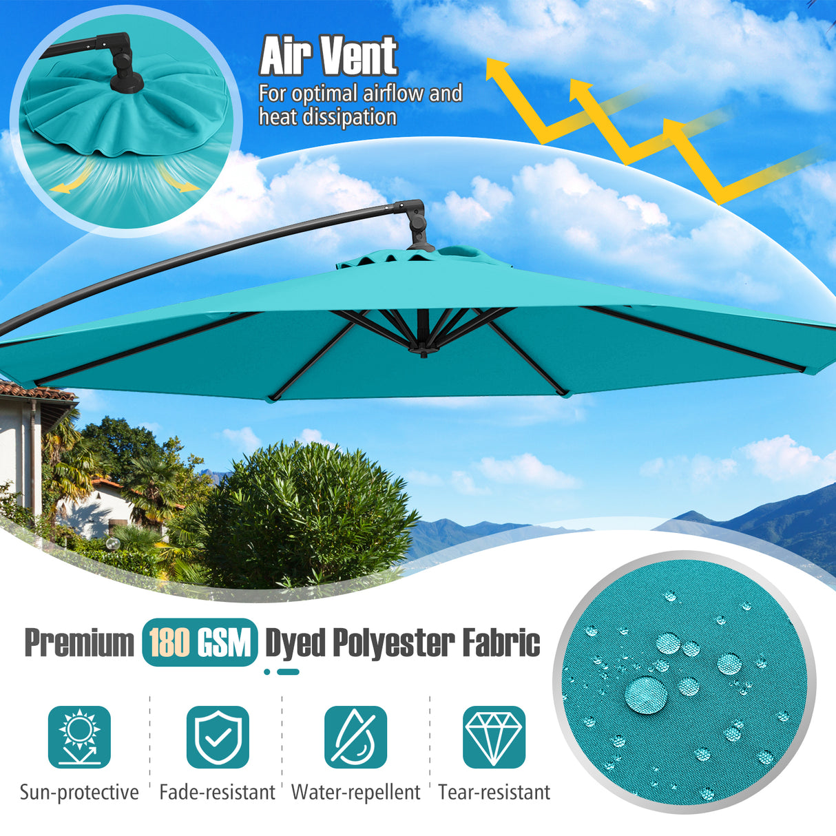 10 Feet Offset Hanging Umbrella with Base Patio Cantilever Umbrella with Tilt-Turquoise