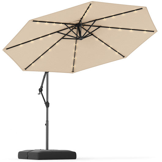 10 Feet Solar Offset Hanging Umbrella with Base and 32 LED Lights-Beige