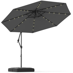 10 Feet Solar Offset Hanging Umbrella with Base and 32 LED Lights-Gray by DirectDeals
