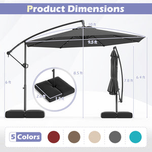 10 Feet Solar Offset Hanging Umbrella with Base and 32 LED Lights-Gray by DirectDeals