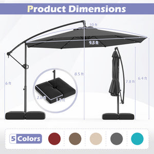 10 Feet Solar Offset Hanging Umbrella with Base and 32 LED Lights-Gray