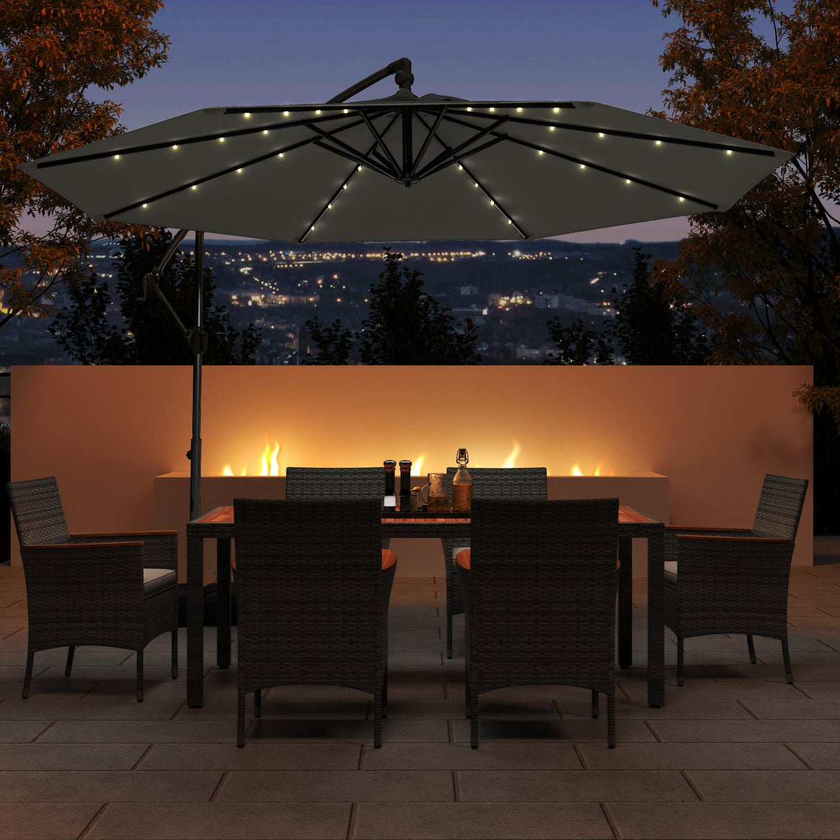 10 Feet Solar Offset Hanging Umbrella with Base and 32 LED Lights-Gray by DirectDeals