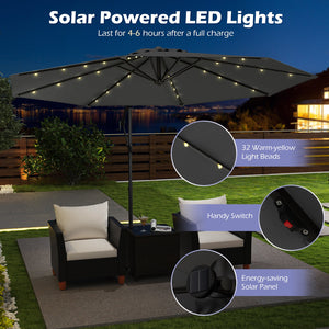 10 Feet Solar Offset Hanging Umbrella with Base and 32 LED Lights-Gray by DirectDeals