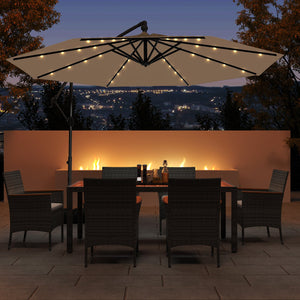 10 Feet Solar Offset Hanging Umbrella with Base and 32 LED Lights-Taupe by DirectDeals
